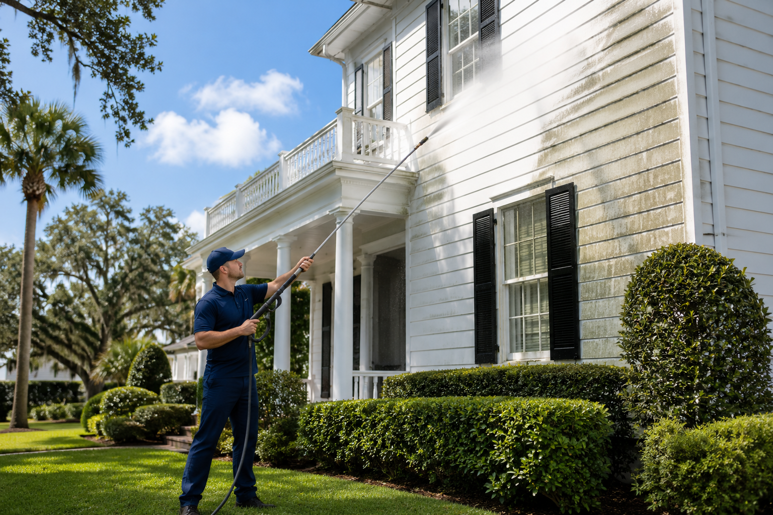 Professional pressure washing a coastal home in Savannah